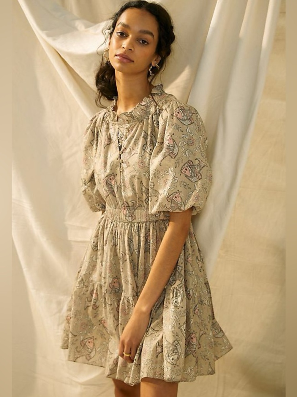 Anthropologie || Let Me Be Celeste Mini Dress Block Print Fish Cream XS - Picture 1 of 11